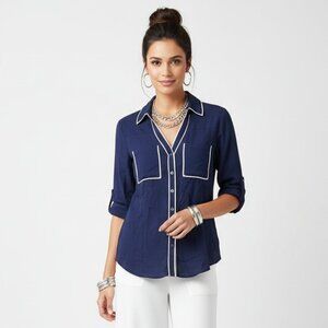 Express Blue & White Portofino Convertible Long Sleeve Button Front Blouse NEW